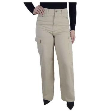 Imagem de Calça Feminina Recuzza Jeans Wide Leg Cargo Bege Kaki - 1102, Bege, 34