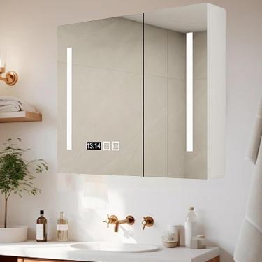 Imagem de Armário De Espelho Com Armazenamento Anti-embaçamento, 3 Luzes De Corespelho Do Banheiro Com Luzes Led E Armazenamento, Espelho De Vaidade Com Organizador, White, 70 * 12 * 70cm/27.6 * 4.7 * 27.6in