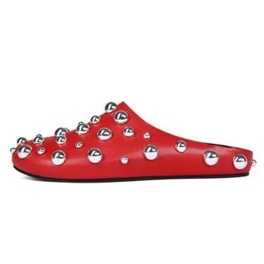 Imagem de CAGLGLZ Pantufas planas femininas brilhantes metálicas, fechadas, bico redondo, de couro, sem costas, confortável, tamanco, sapatos modernos, casuais, Vermelho, 37
