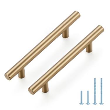 Imagem de JOY DECOR Pacote com 5 puxadores de armário de bronze champanhe – 15 cm de comprimento, orifício central de 3-3/4 polegadas (96 mm) – Puxadores de armário de cozinha de aço inoxidável para gaveta e