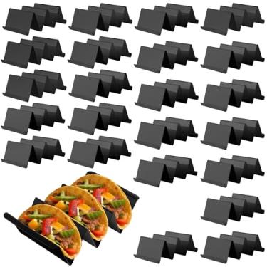 Imagem de TAICHEUT 24 unidades de suportes de taco, suporte de plástico para tacos, bandeja preta para festas de carnaval de taco, lavável na lava-louças e micro-ondas