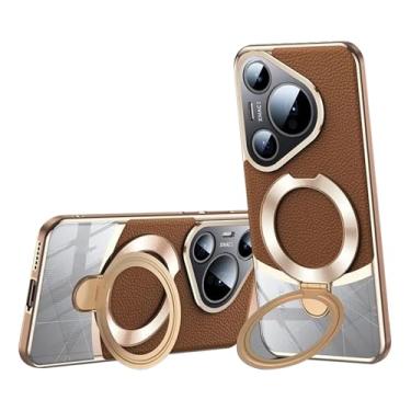 Imagem de HAOMRIYL Capa de couro para Huawei Pura 80 Ultra/80 Pro +/80 Pro/80, capa de proteção total para lente oculta, suporte ajustável, suporte à prova de choque, marrom, 80 Pro +