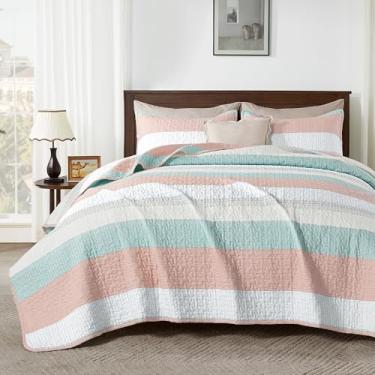 Imagem de Andency Conjunto de colcha king size, rosa, verde, 3 peças, conjunto de colchas e cobertores, conjunto de cama acolchoado listrado de patchwork para todas as estações (1 colcha, 2 fronhas)
