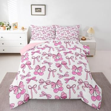 Imagem de Feelyou Conjunto de edredom com laço aquarela, para todas as estações, com 2 fronhas, kawaii, cereja, microfibra, roupa de cama casal, para decoração de quarto, edredom respirável, macio e leve