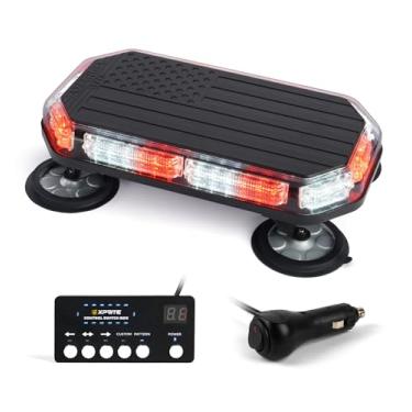 Imagem de Xprite Luz de farol estroboscópica de teto com 42 LEDs, barra de luz de aviso de segurança de emergência magnética com painel de controle e padrão de bandeira americana, para veículos de ambulância de bombeiros, caminhões limpa-neve (branco vermelho)