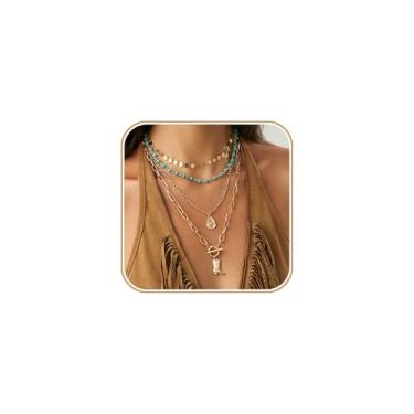 Imagem de Vpanda Colares Boho para mulheres, colar gargantilha com contas turquesa em camadas, joia ocidental para mulheres, colar de moedas, colar boêmio, boêmio, joia feminina, Medium, Metal, Sem Pedra