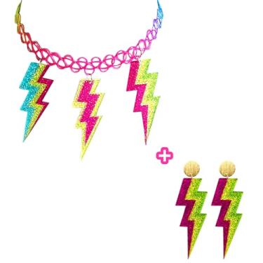 Imagem de Hupplle Acessórios femininos dos anos 80, 90, colar de acrílico neon retrô com cassete relâmpago, pingente de rádio, joia colorida para festa temática dos anos 80, standard, Acrílico, Sem Pedra