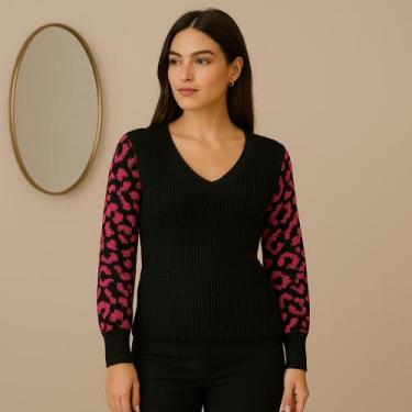 Imagem de Blusa Feminina de Tricot Liso Manga Longa com Estampa de Onça - Vitrin
