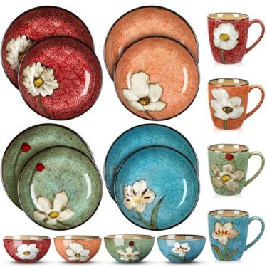 Imagem de Qinyoung Conjunto de 16 peças de louça reutilizáveis, conjunto de pratos e canecas, tigelas de cerâmica, pratos profundos, canecas de café, máquina de lavar louça, micro-ondas, forno para café da