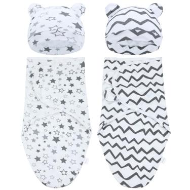 Imagem de Cinaci 2 peças de algodão macio ajustável para bebês, sacos de dormir, gorros, gorros, gorros, cobertores, cobertores, envoltórios para bebês, meninas, meninos, bebês recém-nascidos (2 peças P12)
