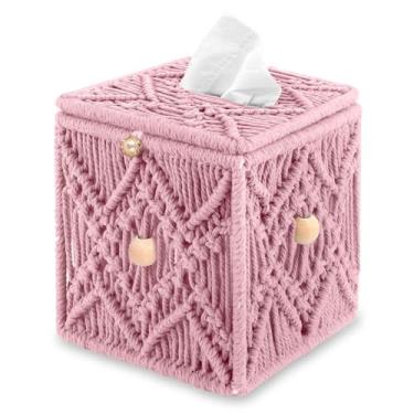 Imagem de KaloKalo Capa de caixa de lenços feita à mão macramê decorativo boho suporte quadrado de tecido de algodão guardanapo de tecido organizador de papel facial boêmio recipiente de armazenamento de mesa