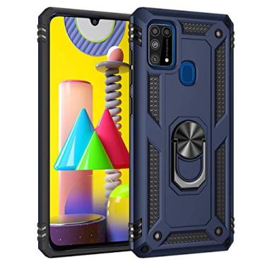 Imagem de SORAKA Capa para Samsung Galaxy M21 com suporte de anel capa protetora para Samsung Galaxy M31 capa traseira de policarbonato rígido com placa de metal para telefone magnético suporte de carro azul
