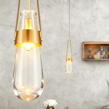 Imagem de Salaiwei Conjunto de 2 luminárias pendentes de gota de chuva, luminária pendente de vidro de latão, lágrimas douradas, luz pendente de vidro sólido transparente, lustres modernos para sala de jantar