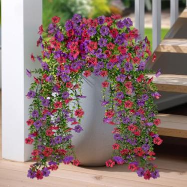 Imagem de Evoio 2 pacotes de flores artificiais de hera violeta para pendurar no exterior, pátio, jardim, varanda, casamento, decoração de casa (roxo claro + vermelho)