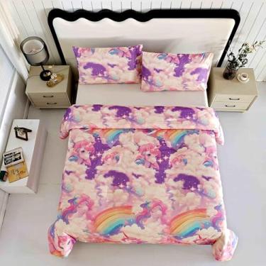 Imagem de SDY Conjunto de edredom solteiro de unicórnio para meninas, meninos e crianças, cama de solteiro arco-íris macio em uma bolsa com 1 edredom e 2 fronhas