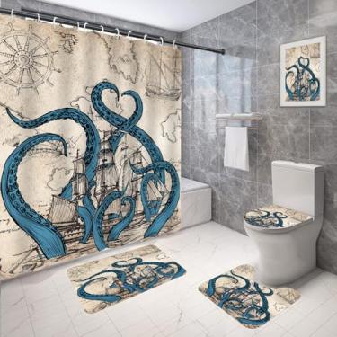 Imagem de Coxila Conjunto de cortina de chuveiro de polvo náutico divertido, divertido, tentáculo litorâneo, veleiro, praia, pirata, tampa de vaso sanitário, 4 peças, decoração, banheiro, antiderrapante, tecido