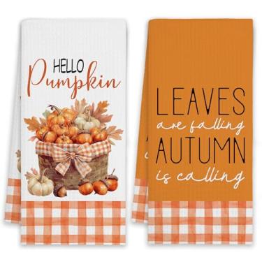Imagem de Toalhas de cozinha de outono, laranja xadrez laranja cesta de abóbora folhas de prato de outono, conjunto de 2, decoração de presentes de inauguração de casa de fazenda de ação de graças-A08