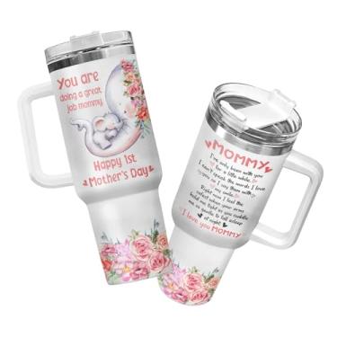 Imagem de 34HD Presentes para o primeiro dia das mães, copo de elefante de aço inoxidável de 1,134 g com alça e canudo, caneca de viagem de café Mamãe, presentes fofos de animais para bebês para a nova mamãe