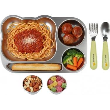 Imagem de Pratos divididos de aço inoxidável premium, bandeja 304, 3 compartimentos, conjunto de garfos de colher + 2 mini copos de molho | Livre de BPA, lavável na lava-louças | Bom para controle de porções de