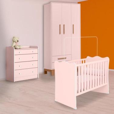 Imagem de Infantil Berço, Cômoda Trocador e Guarda Roupa Slim Rosa - Qmovi