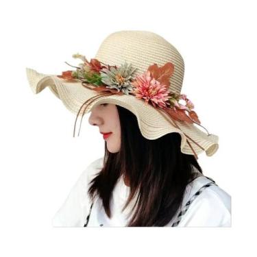 Imagem de Chapéu de Palha Feminino de Aba Larga - Dobrável, para Praia e Sol, Ta