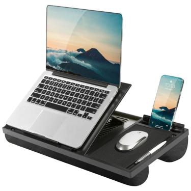 Imagem de Suporte para laptop Ergo Pro, Mesa de colo com 20 ângulos ajustáveis, mouse pad e suporte para telefone preto, LAPGEAR 49408, Preto
