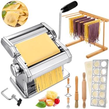 Imagem de Hushee Conjunto de máquina de fazer macarrão com 8 peças, incluindo máquina de fazer macarrão de aço inoxidável, rack de secagem de macarrão de madeira, cortador de selos de ravióli, cortador de selos