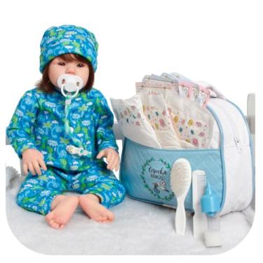 Imagem de Boneco Reborn Realista Menino Fio a Fio Roupa Dino Bolsa