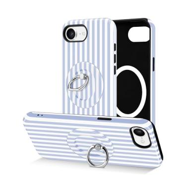 Imagem de Jusy Capa de telefone listrada compatível com Magsafe para iPhone 16e, linda estética com suporte de anel magnético, capa protetora de TPU macio e policarbonato rígido para mulheres e meninas