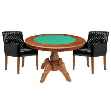 Imagem de Mesa de Jogos Carteado Redonda Montreal Tampo Reversível Amêndoa com 2 Cadeiras Liverpool PU Preto Matelassê - Gran Belo