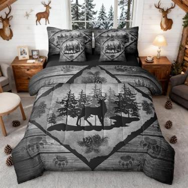 Imagem de Homewish Conjunto de cama king size de veado com lençóis, edredom, fronhas, fronhas, 7 peças, estampa de pata, cinza, listras de madeira, conjunto de edredom para crianças, adolescentes e adultos