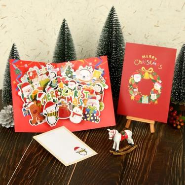 Imagem de Cartão de Natal pop-up 3D, cartão festivo com boneco de neve de Papai Noel, cartão vermelho de Natal