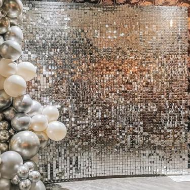 Imagem de 2 peças 3,3 x 2,5 m de fundo de parede prata brilhante, painel de fundo quadrado com lantejoulas, cenários de fotos para aniversário, casamento, formatura e decoração de despedida de solteira