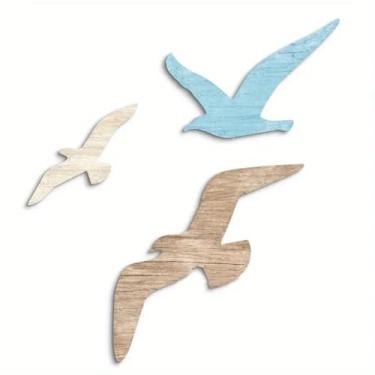Imagem de 3 peças de arte de parede de gaivota - esculturas costeiras náuticas adesivas, decoração de casa de praia vintage para banheiro/casa