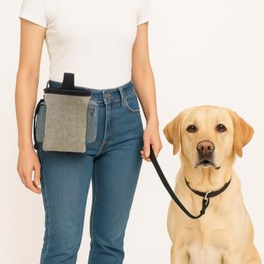 Imagem de Bolsa de petiscos para cães, bolsa de petiscos para cães com dispensador de sacos de cocô embutido, bolsas de caminhada com as mãos livres, cinto ajustável, acesso rápido a guloseimas, ração e lanches