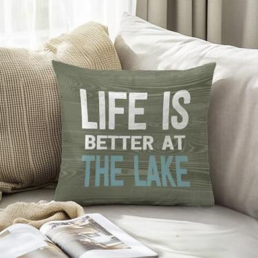 Imagem de Capas de almofada vintage Green Life is Better at The Lake 45,7 x 45,7 cm, casa de verão, casa de fazenda, varanda, sofá-cama, decoração de casa