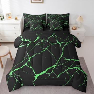 Imagem de Erosebridal Conjunto de cama King abstrato com estampa de pedra, 7 peças, com lençóis, pintura moderna a tinta, simplicidade, textura verde e rachadura para adolescentes, homens e mulheres