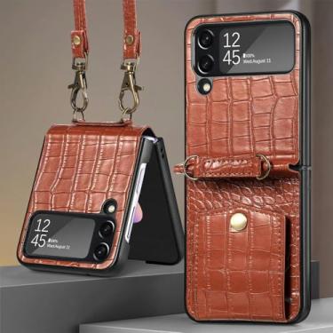 Imagem de Cartões Solt Capa de couro crossbody com cordão para Samsung Galaxy Z Flip 5 4 5G Flip4 Flip5 Capa carteira com suporte padrão, marrom, para Galaxy Z Flip 5