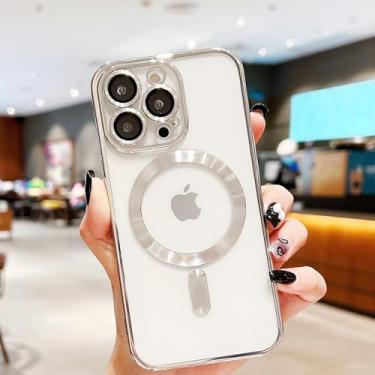 Imagem de Capa magnética para iPhone 15 Pro Max [compatível com MagSafe] Proteção total da câmera transparente Capa luxuosa para mulheres e homens TPU macio protetor contra quedas prata