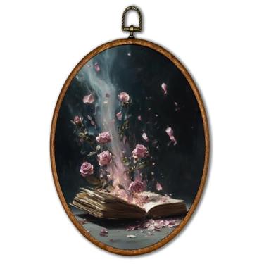 Imagem de KSDUT Retro Flower Book Wall Art Decor - Botanical Neutral Mid Century Modern Wall Art Canvas Frame Hanging Prints, Vintage Dark Academia Rose Oval Artwork Decor para decoração de casa 21,78 cm x 29