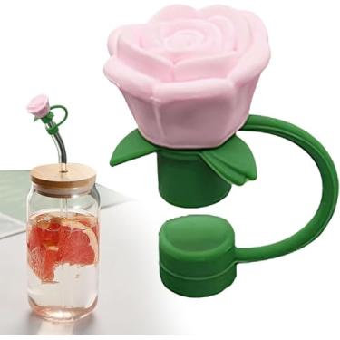 Imagem de Capas de palha de flor rosa de 10 mm para copo Stanley, capa de silicone à prova de poeira, pontas de canudo de flor, tampa de poeira para acessórios de 30 e 1,134 g (rosa claro)