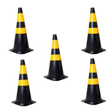 Imagem de Kit com 5 Cones de Sinalização Trânsito em PVC 75 cm Preto e Amarelo -