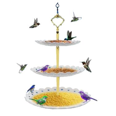 Imagem de Banhos de pássaros pendurados ao ar livre de 3 camadas para jardim externo 28 cm alimentador de pássaros suspenso de metal para decoração de jardim e jardim (branco)