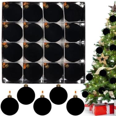 Imagem de Conjunto de enfeites de bola de Natal de veludo preto de 8 cm, 16 peças, decoração de árvore de Natal preta flocada, grandes bolas decorativas à prova de estilhaçamento para festa, guirlanda