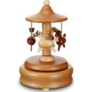 Imagem de Bucherry Carrossel Caixa de música de madeira Merry Go Round Carrossel Caixa Musical Lindo Cavalo Enrolar Artesanato Musical para Natal, Aniversários, Aniversários, Dia dos Namorados, Decoração de