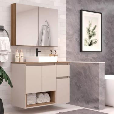 Imagem de Conjunto de Gabinete Suspenso com Cuba e Armário de Banheiro Aurora 5 Portas 1 Gaveta Mel e Arenas