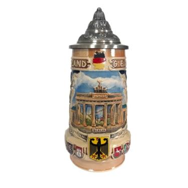 Imagem de Caneca de cerveja bege padrão de castelos alemães com tampa Petwer Presentes de aniversário