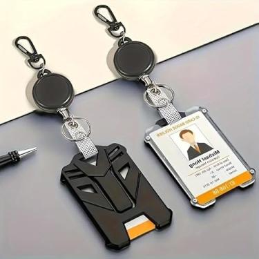 Imagem de 1 porta-cartão extensível de plástico durável com porta-identidade – Design elegante para uso no escritório e ao ar livre, clipe retrátil, esquema de cores preto e laranja, suporte de identificação de