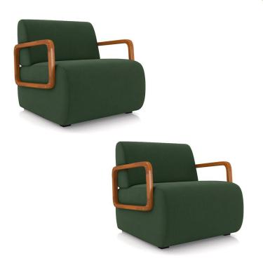 Imagem de Poltrona Sala De Estar Braço De Madeira Kit 2 Hellen Veludo K01 - D'rossi Cor Verde