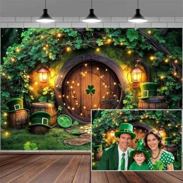 Imagem de Pano de fundo para fotos de folhas de trevo irlandês sortudo para fotos de 25 x 2 m, casa de madeira, moedas de ouro, bandeira, conto de fadas, floresta, decoração de fotos